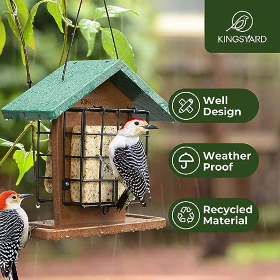 Double Suet Bird Feeder with Weatherproof Roof and Perch + Kingsyard Ground Bird Feeder for Outdoors