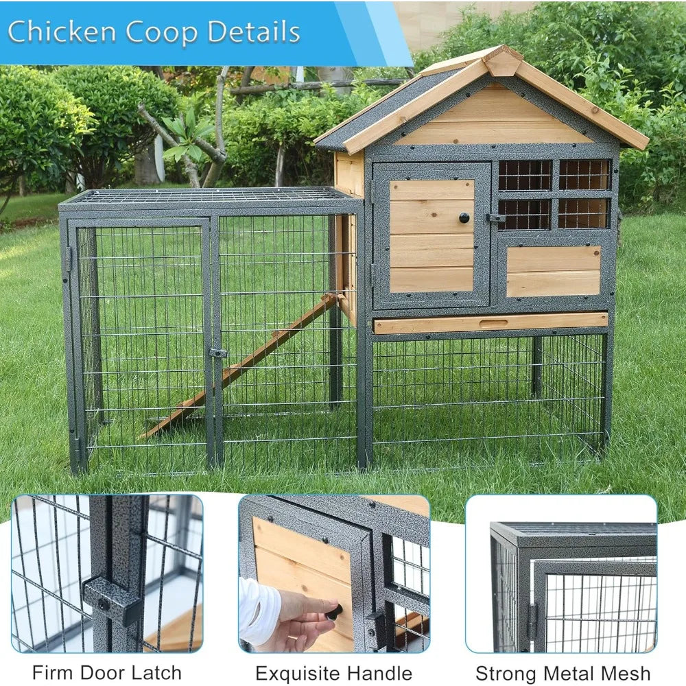 chicken coop and run, two story rabbit hutch indoor outdoor, waterproof metal frame hen house with nesting box rabbit cage, deep
