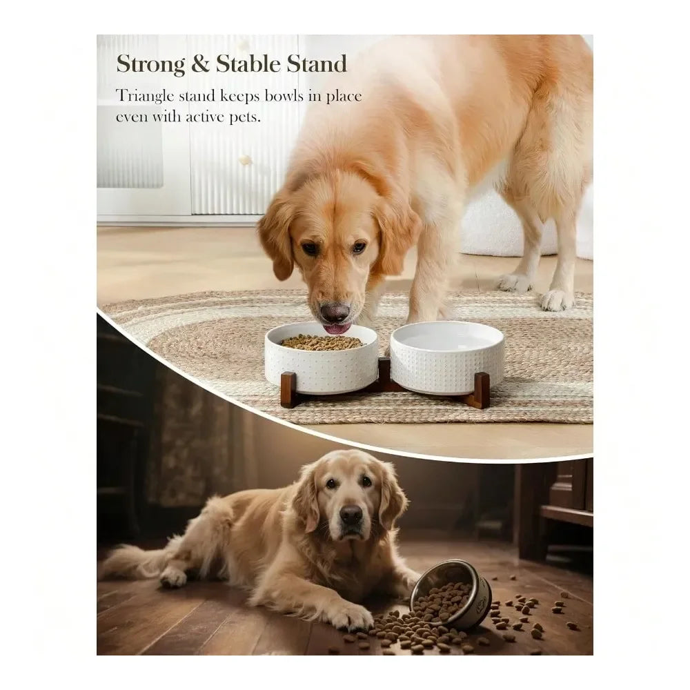 Dog Supplies Dogs Accessories Bowl Set With Walnut Wood Stand 6 Cups Ceramic Pet Bowls For Puppy Dogs Dual Food And Water Bowls