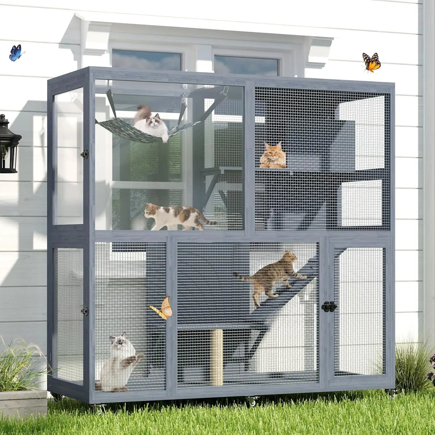 Catio Outdoor Cat Enclosure on Wheels, 4 Tier Large Cat House for Multiple Cats with Resting Box and Hammock, Indoor, Custom