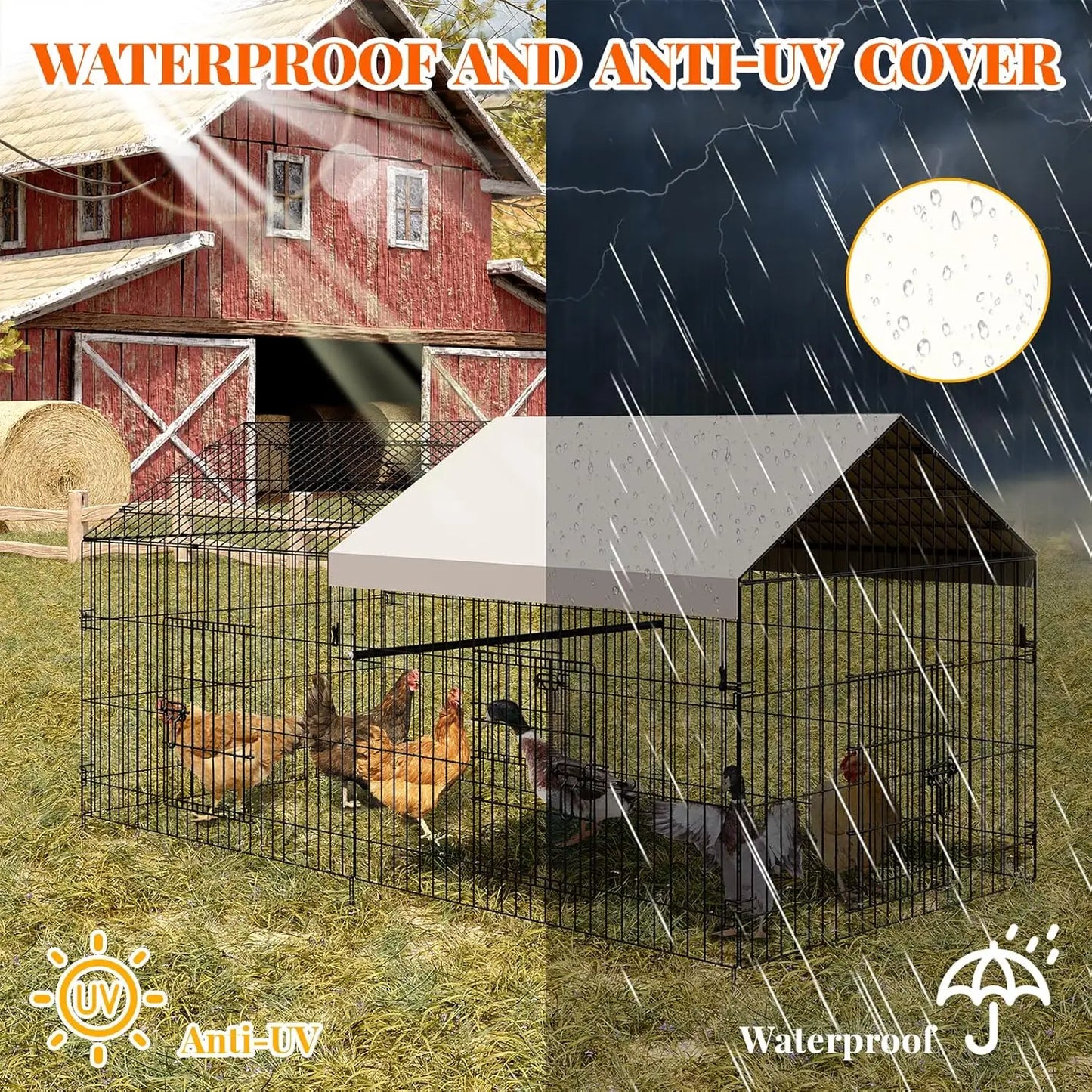 Large Metal Chicken Coop with Run, Outdoor Poultry Cage for Backyard, Waterproof Cover Chicken House for Hens Ducks Rabbits