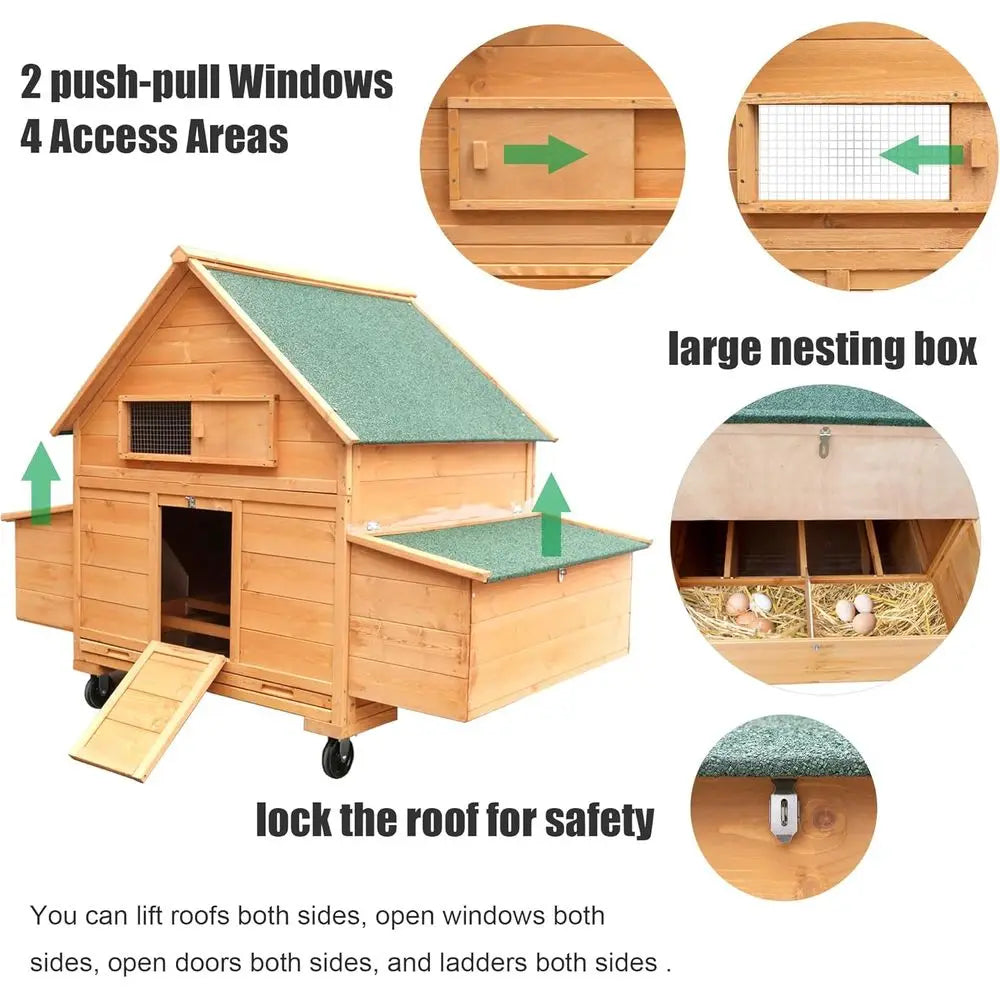 Chicken Coop on Wheels, Large Mobile Wooden Hen House or 4-6 Chickens, Outdoor Poultry Cage with Nesting Box, Chicken House or O