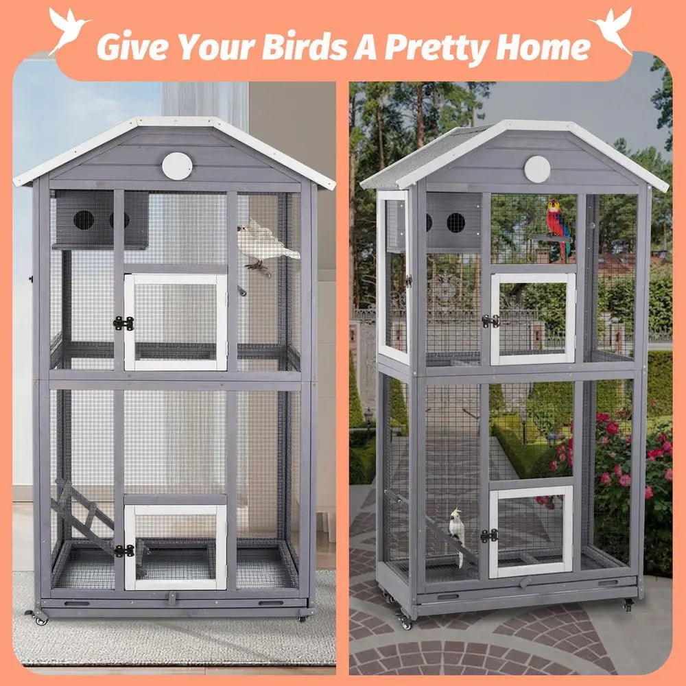 Outdoor Bird Cage Large, Wooden Flight Aviary with Perches, Nest Habitat, and EasyClean Pull Out Tray for Parakeets, Macaws -HOT