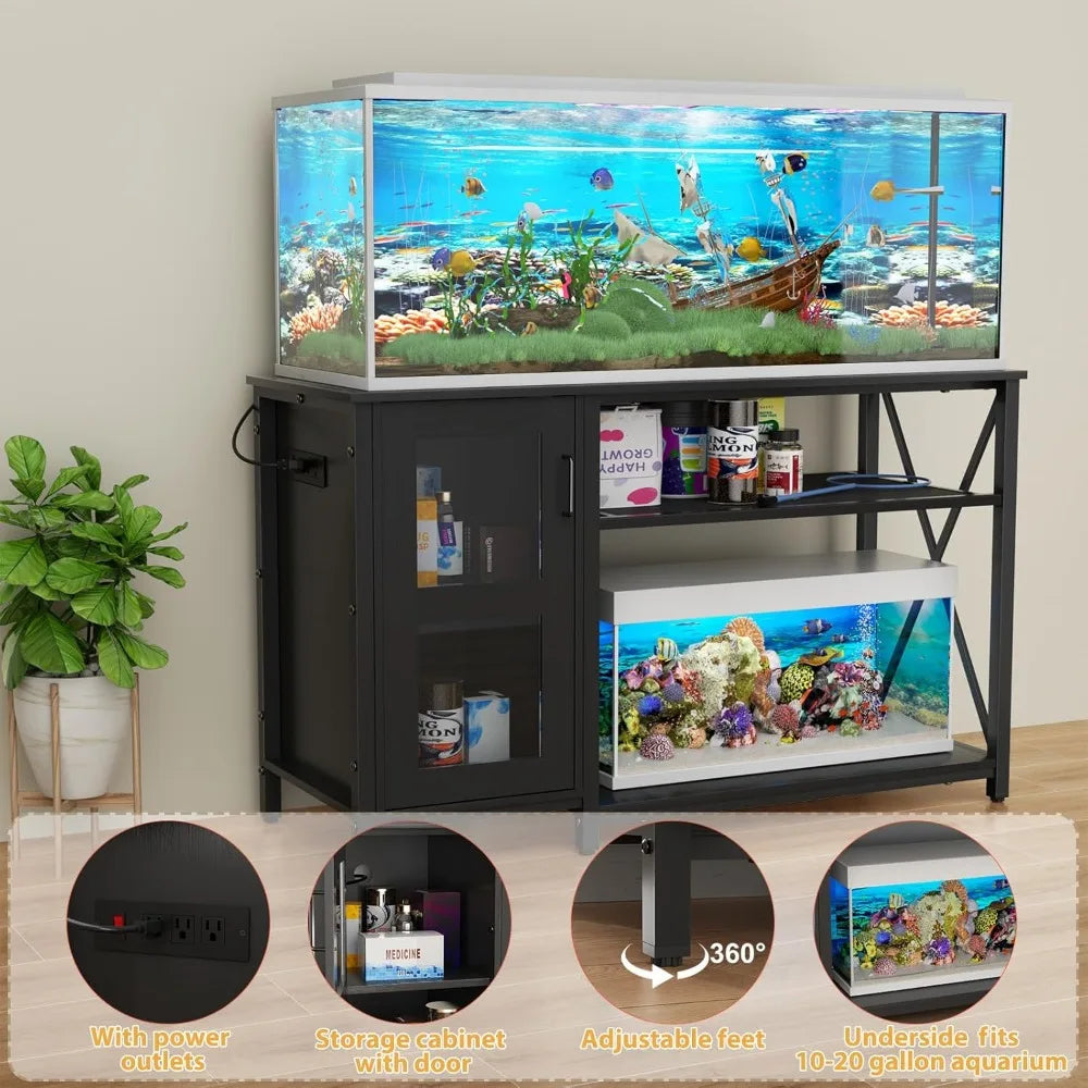 55-75 Gallon Fish Tank Stand, Aquarium Stand with Cabinet & Power Outlets for Fish Tank Accessories Storage, Heavy Duty Metal