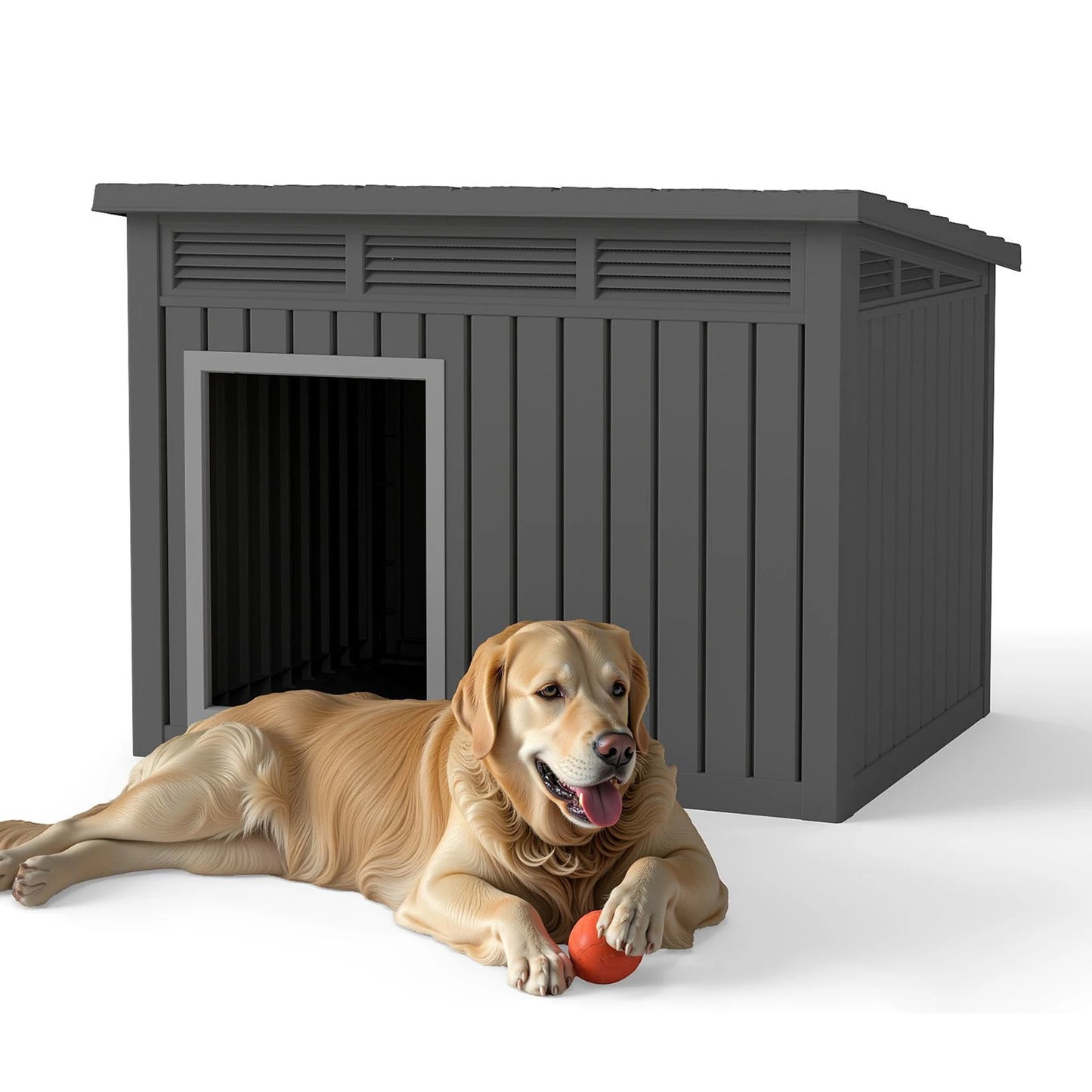 XXXL Slant-Roof Resin Dog Villa - Gas-Lift Ventilated Canopy & StormProof Design, All-Weather Outdoor Shelter with UV Armor for Large Dogs/Multi-Pet Households, Dog Furniture, Garden Pet House, Perfect Gift for Halloween, Chr