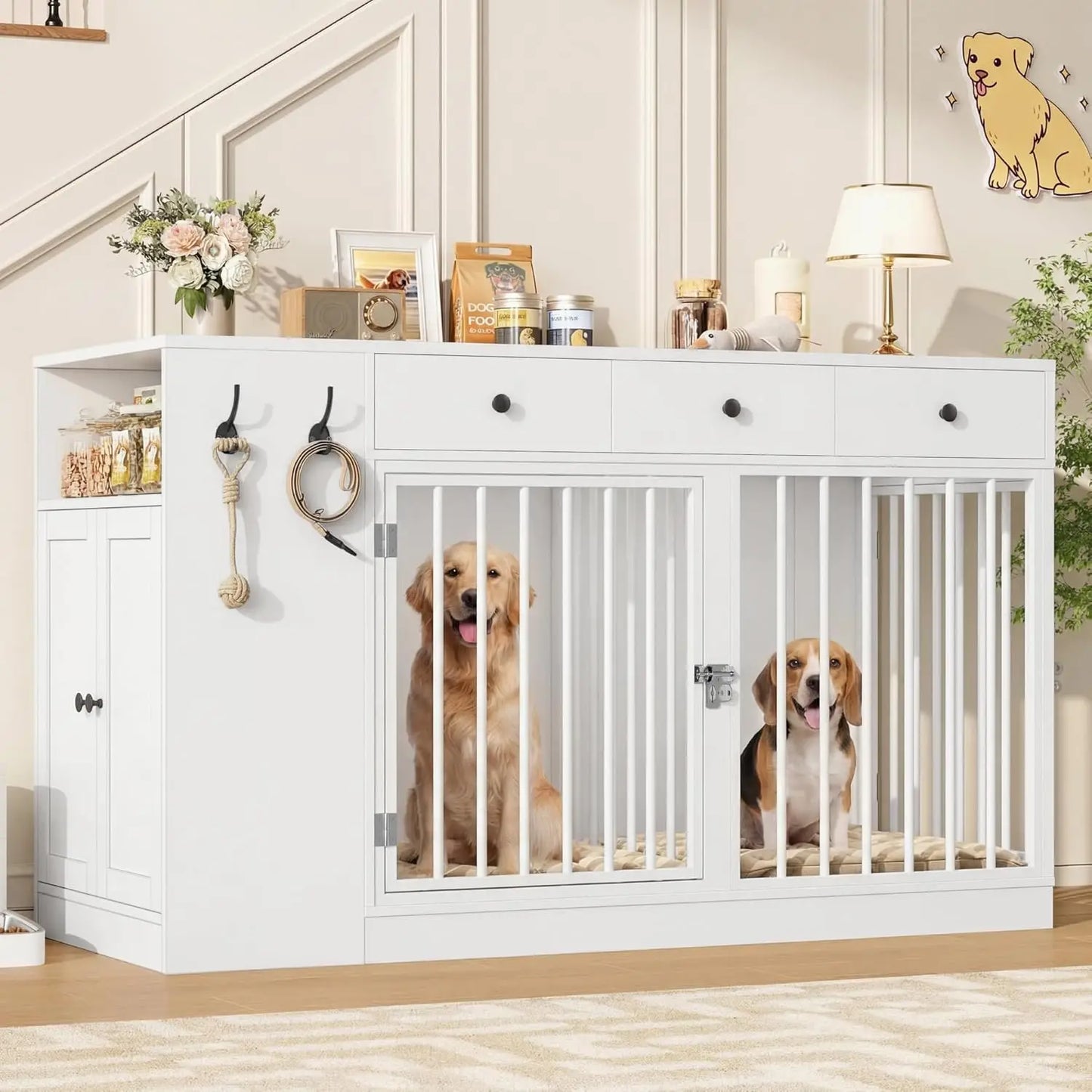 Dog Crate Furniture with Storage Drawers and Cabinet, Single/Double Dog Kennel Indoor with Removable Divider,Customized