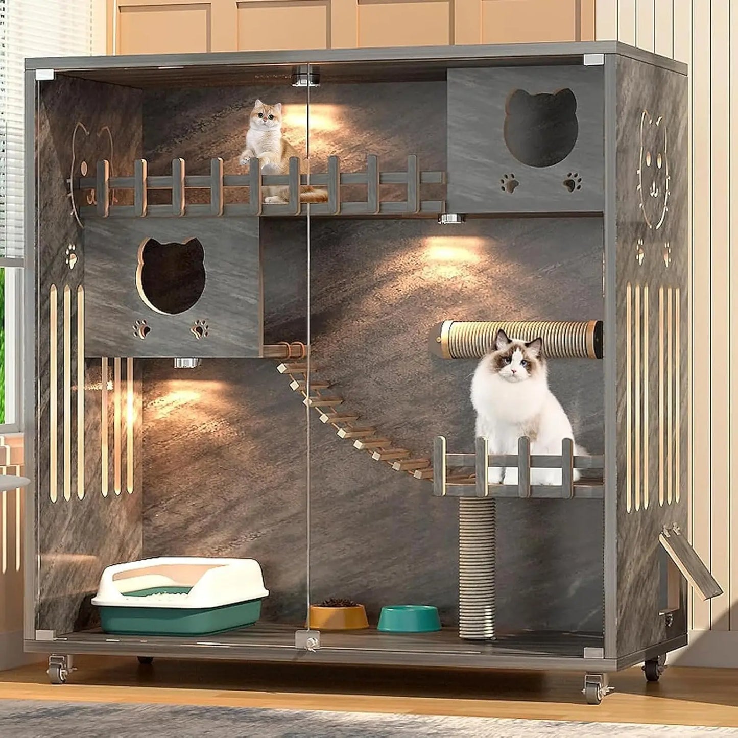 Large Indoor Wooden Cat Cage with Wheels Multi-Feature Enclosed Condo House for Cats with Ventilation