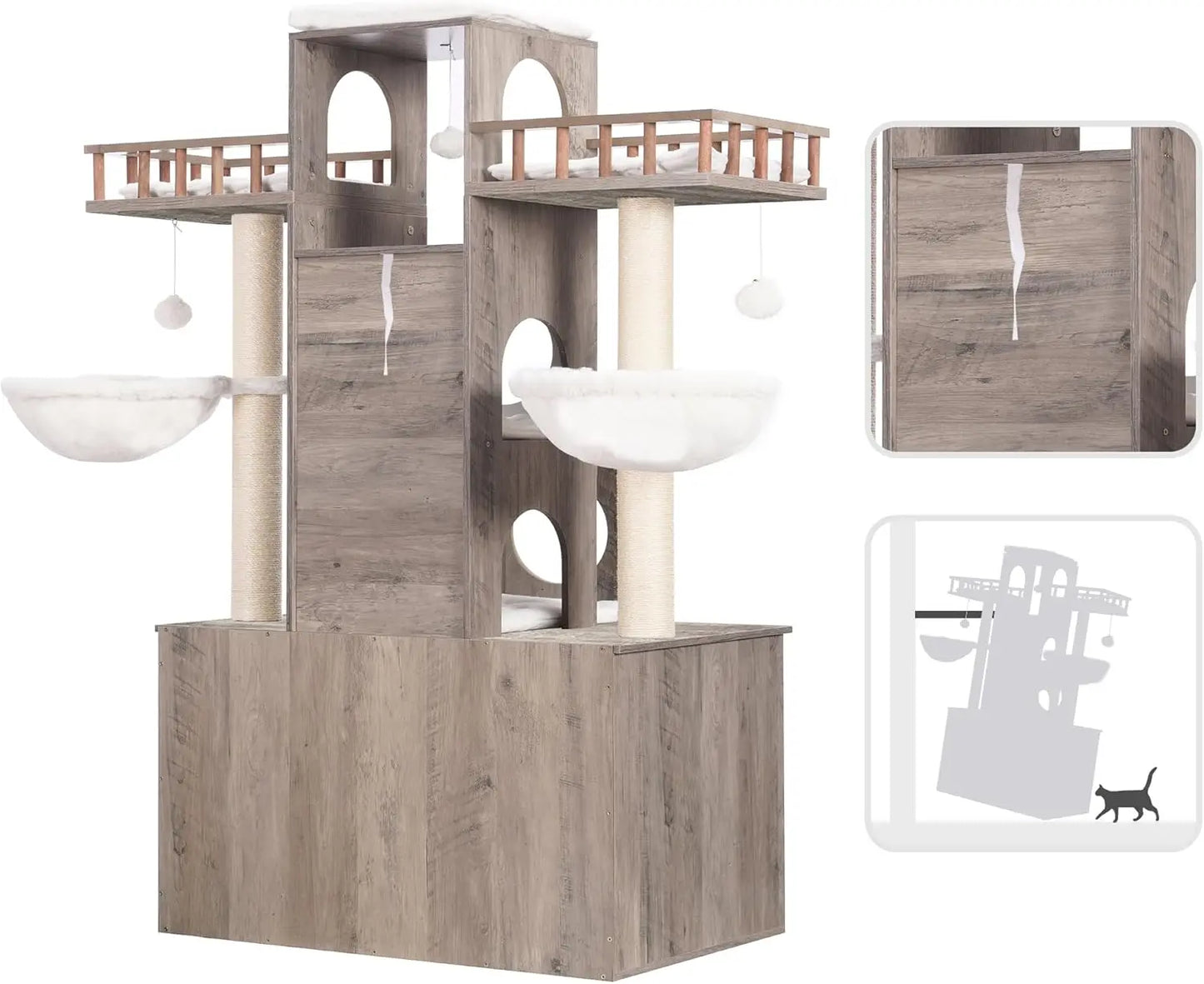 Large Cat Tree with Litter Box Enclosure, Heavy Duty Tower for Indoor Cats up to 20lbs, Modern Furniture with Scratching Posts