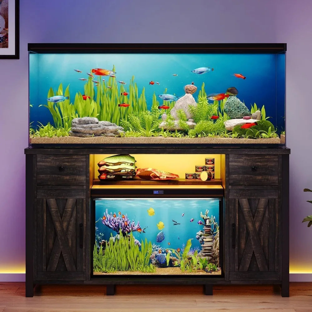 Gallon Fish Tank Stand with LED Light & Power Outlets, 55-75 Gallon Heavy Duty Metal Aquarium Stand with Drawers & Barn Doors