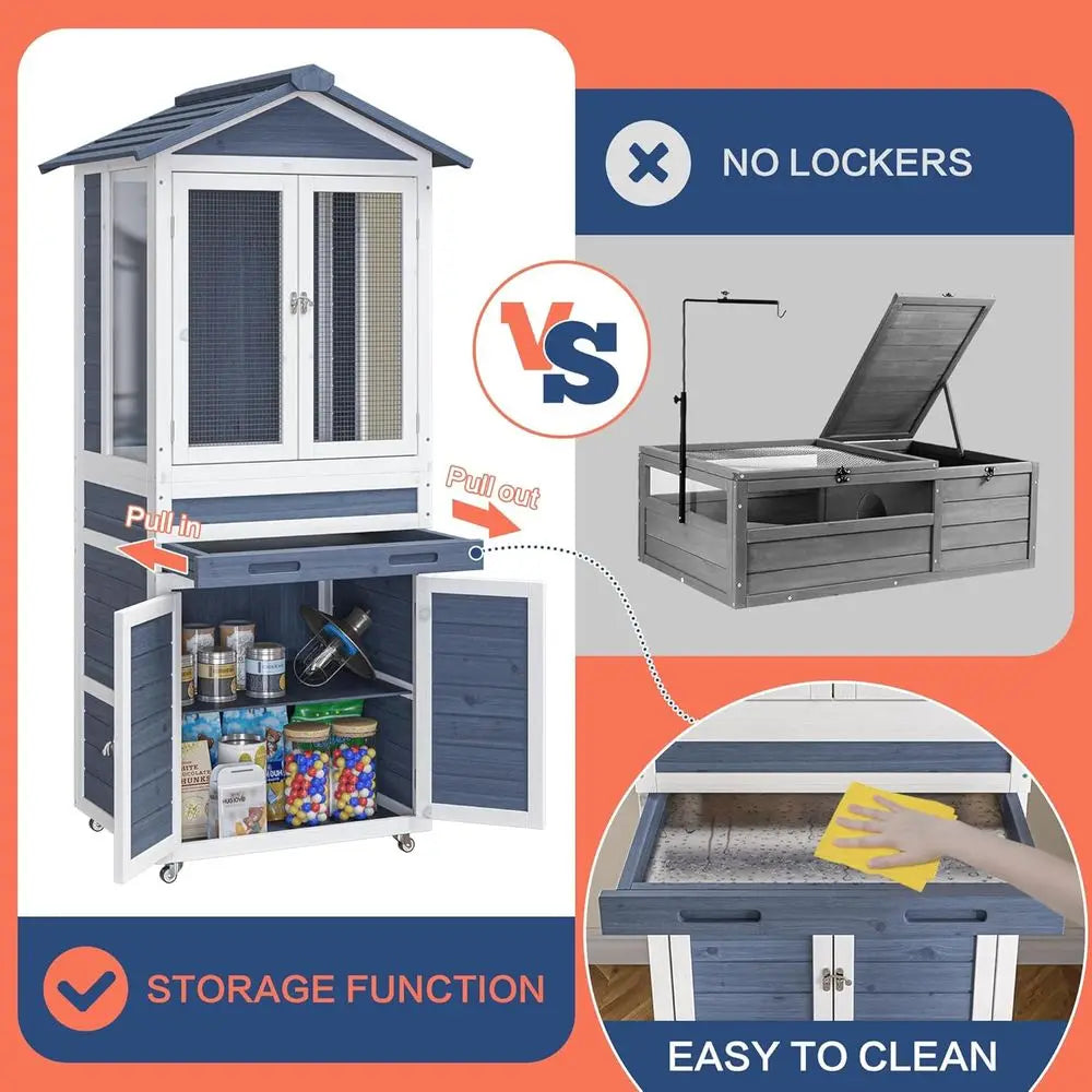 Large Wooden Reptile Enclosure for Bearded Dragons, Geckos, Lizards, and Chameleons with Storage, Ventilation, and Wheels