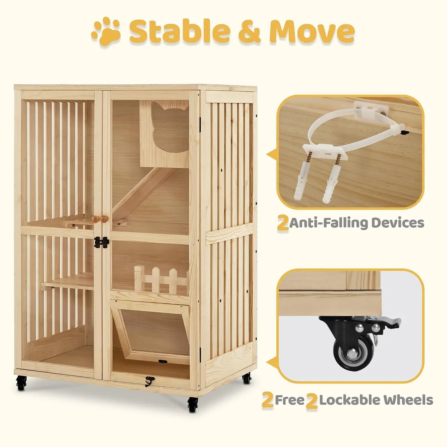 Wooden Cat Houses for Indoor Cats, Luxury Kitten House with Scratching Pad, Lockable Doors, Wheels, CT090, Custom