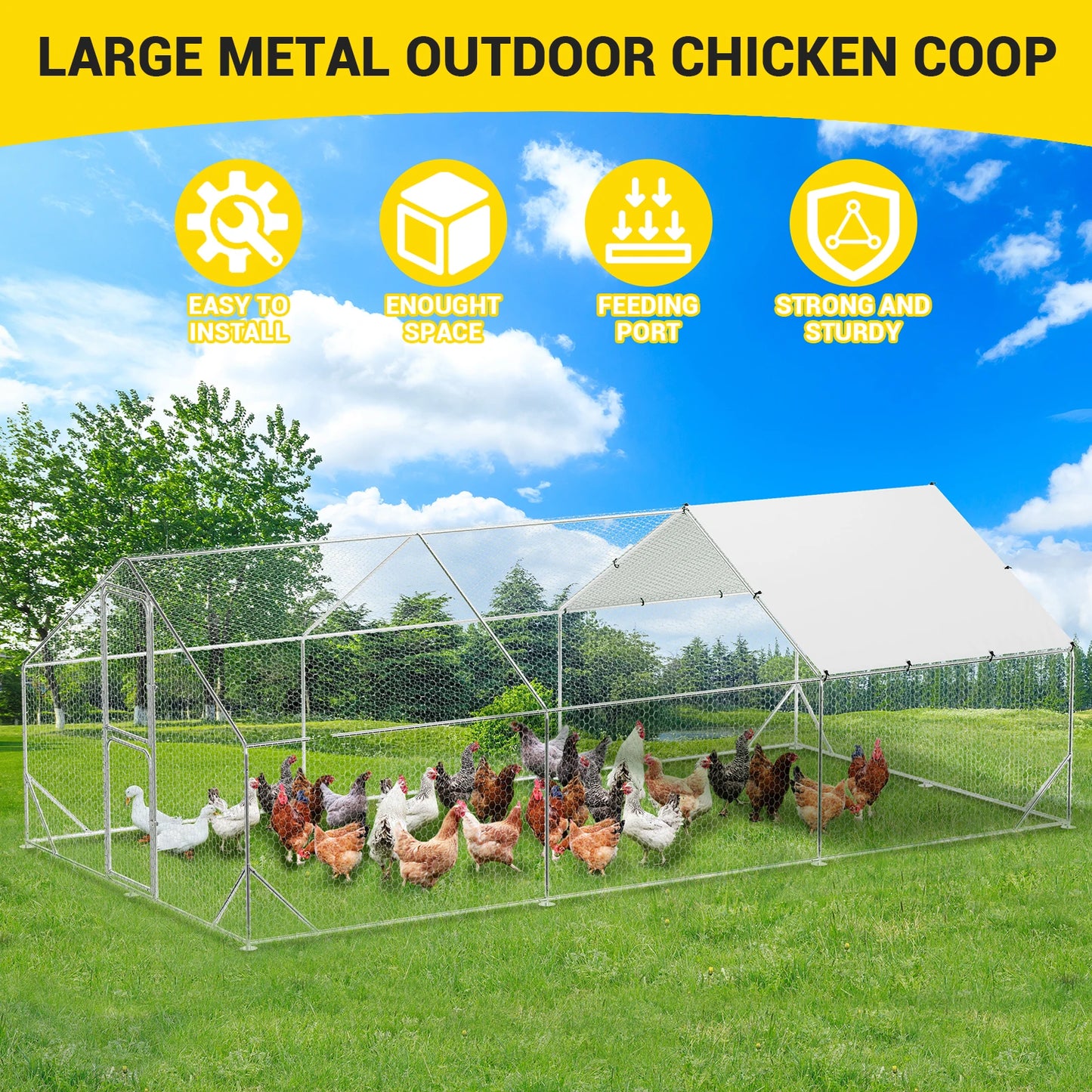 Large Metal Chicken Coop Run for 6/10 Chickens, Spire Shaped Walk in Fence Cage Hen House for Outdoor Yard Farm, Poultry Cage/Pe