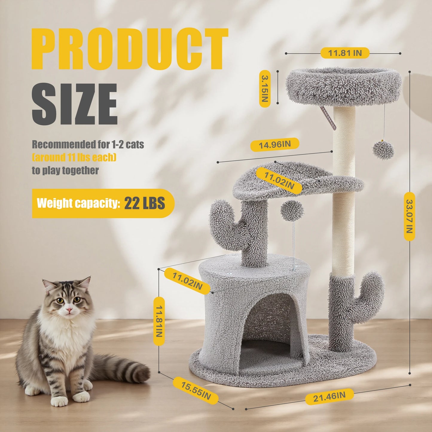 JHK 33IN Cat Tree Tall Multi-Level Tower for Indoor Pet Furniture Stable Kitty Play House with Sisal Scratching Post for Home
