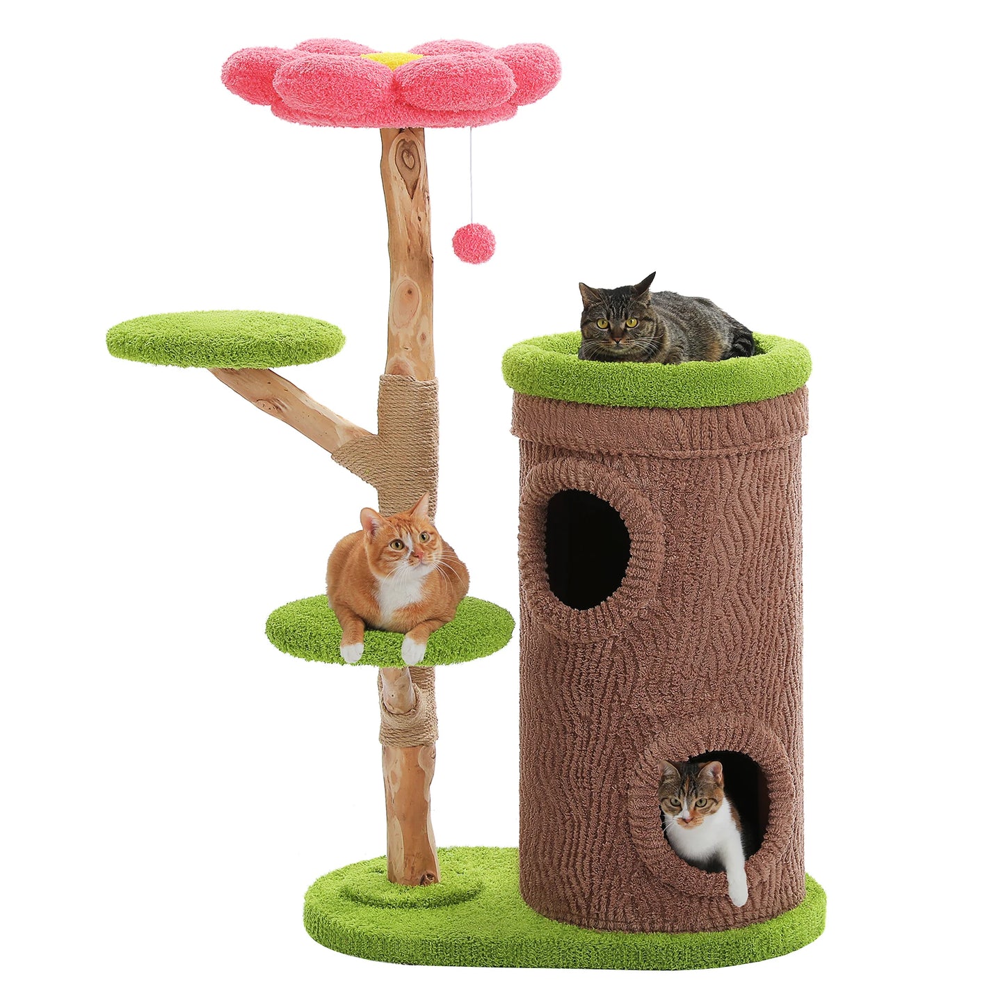 Large Cat Tree with 4 Spacious Condos Thick Scratching Post Flower Top Bed Tall Cat Tower for Indoor Luxury Cat House Bed Toys