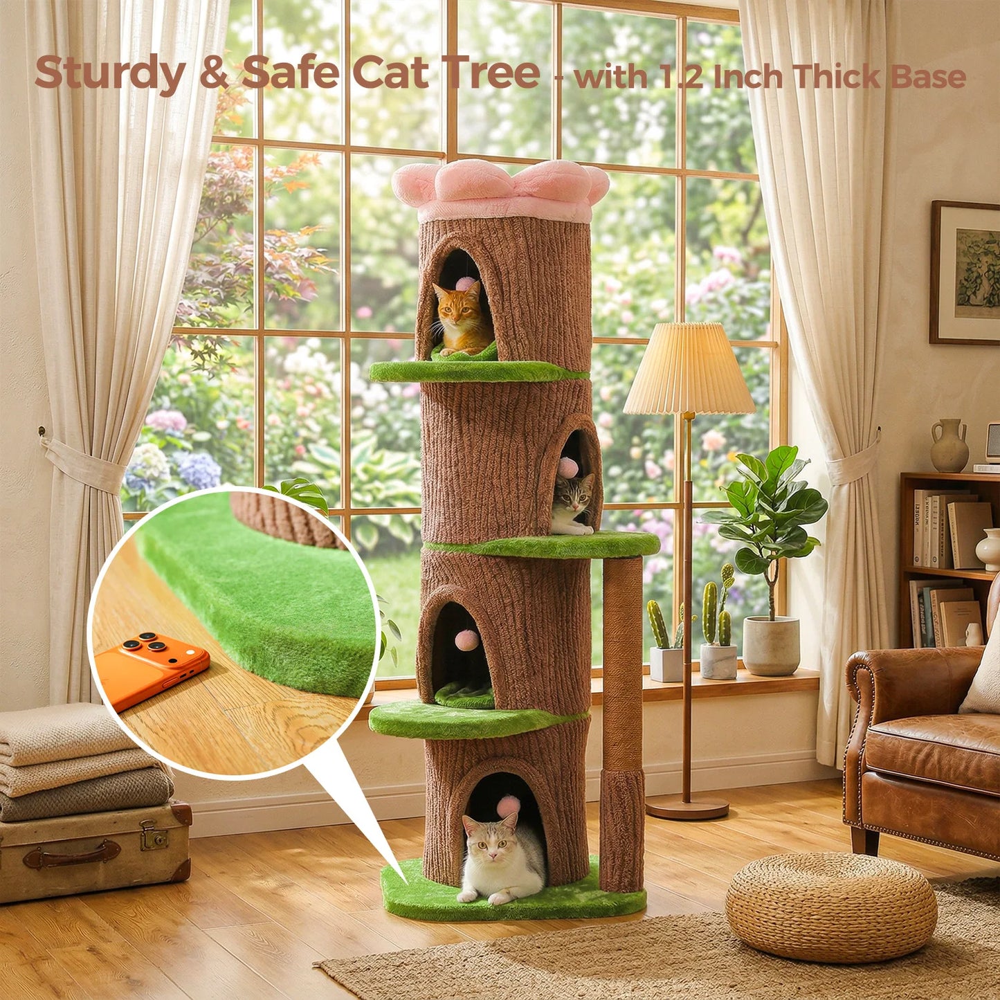Large Cat Tree with 4 Spacious Condos Thick Scratching Post Flower Top Bed Tall Cat Tower for Indoor Luxury Cat House Bed Toys