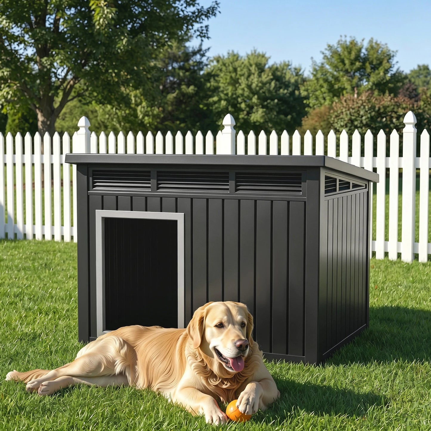 XXXL Slant-Roof Resin Dog Villa - Gas-Lift Ventilated Canopy & StormProof Design, All-Weather Outdoor Shelter with UV Armor for Large Dogs/Multi-Pet Households, Dog Furniture, Garden Pet House, Perfect Gift for Halloween, Chr