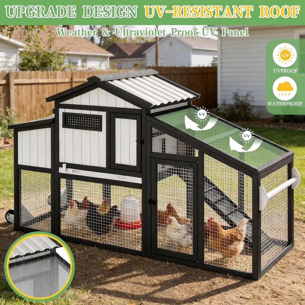 Chicken Coop and Run with Wheels, Portable Two SRabbit Hutch Indoor Outdoor, Wooden Hen House with Nesting Box, p & Deep No Leak