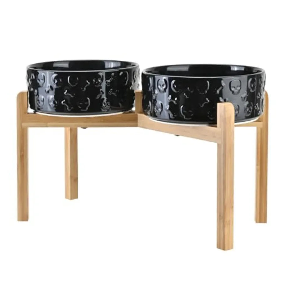 Elevated Dog Bowls Ceramic, 6.1'' Dogs and Cat Food Water Bowls Raised with Non-Slip Bamboo Stand for Medium Sized Breed Microw
