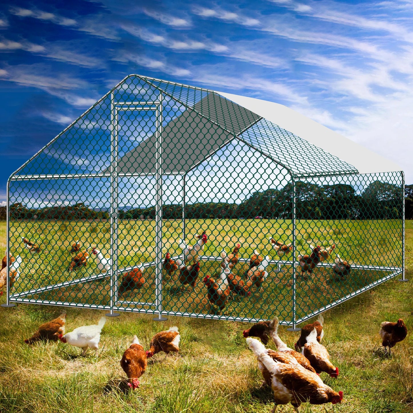 Teousev 10x 10 Ft Metal Chicken Coop Chicken Run Backyard Hen House Poultry Habitat Cage