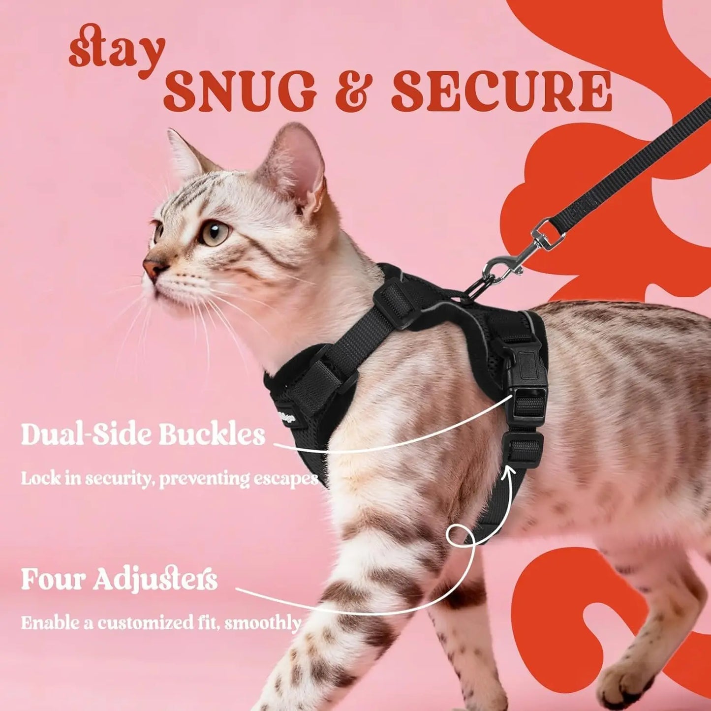 Escape Proof Cat Harness and Leash, Adjustable Soft Vest with Reflective Strips for Easy Walking Control, Black XS
