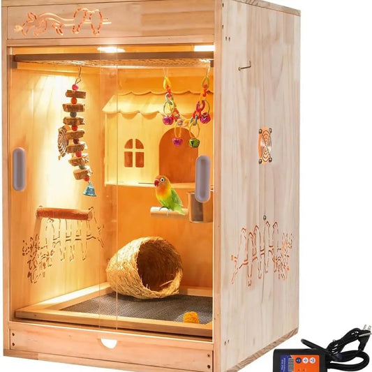 Heated Bird Cage with Thermostat, Avian Incubator, Nesting Box, Cage Accessories, Wooden Birdhouse Kit for Parrots, Parakeets, C