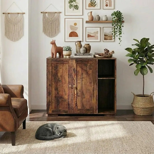 Enclosure Furniture for Self-Cleaning Litter Box 4, Large Cat Litter Box Cabinet with Built-in Outlet, 5 ft Cord, Dog-Proof Shelf, Tiger Color,Brown