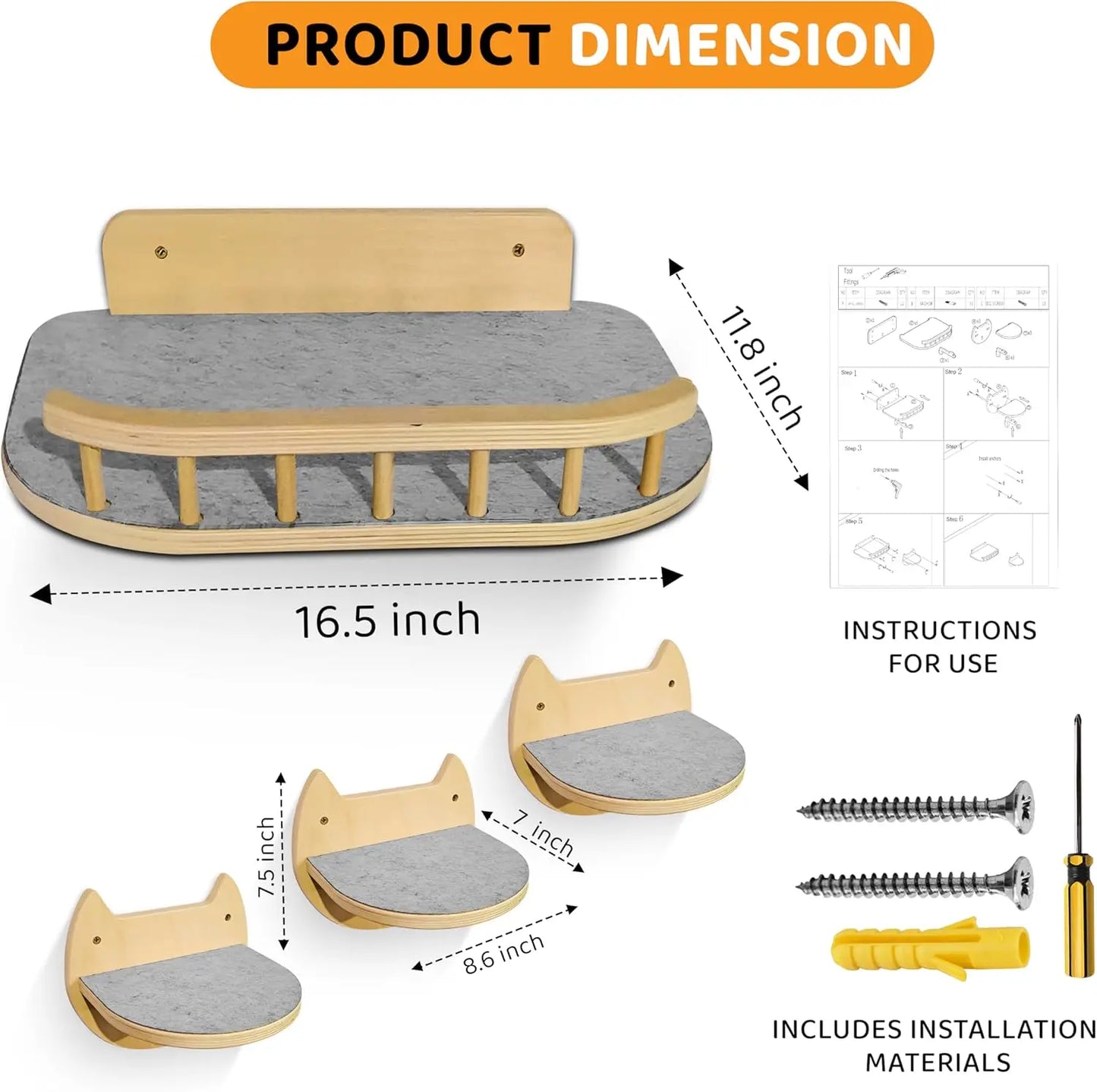 Cat Wall Shelves with 3 Steps – Modern Wood Wall Mounted Furniture, Climber & Perch Shelf for Cats up to 30lbs – Sturdy