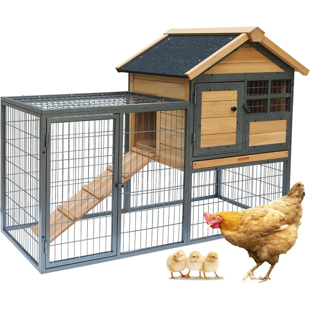 chicken coop and run, two story rabbit hutch indoor outdoor, waterproof metal frame hen house with nesting box rabbit cage, deep