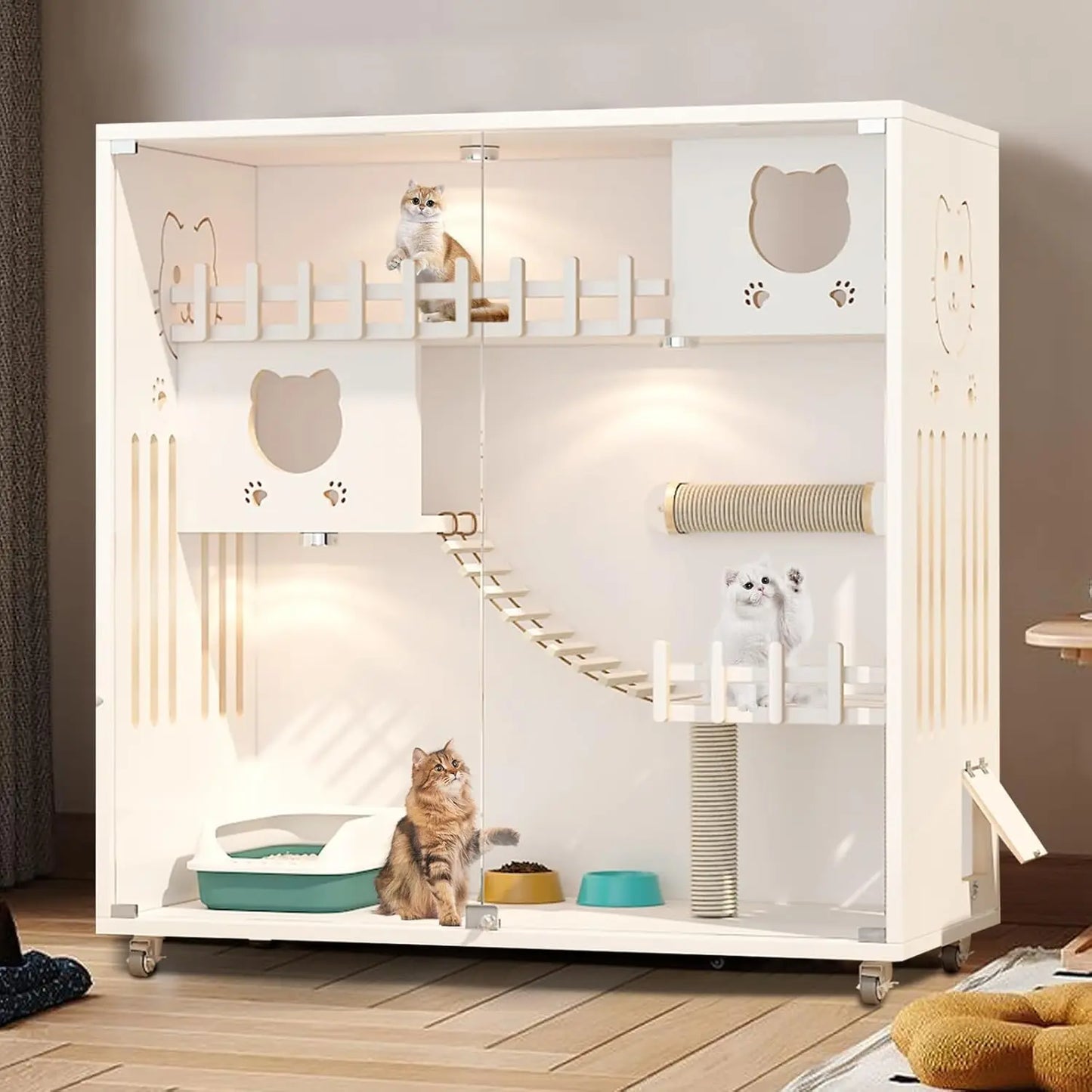 Large Indoor Wooden Cat Cage with Wheels Multi-Feature Enclosed Condo House for Cats with Ventilation