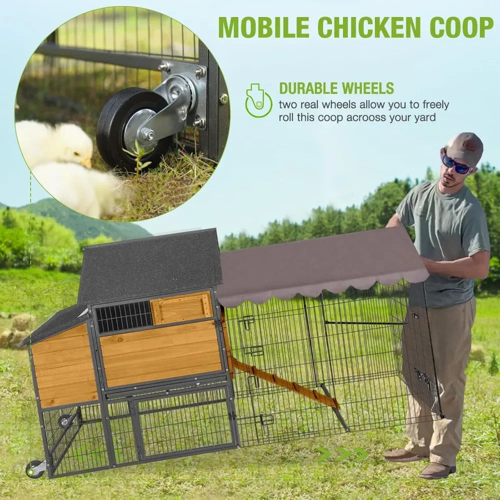 Large Chicken Coop with Metal Frame Mobile Hen House Poultry Cage with Wheels