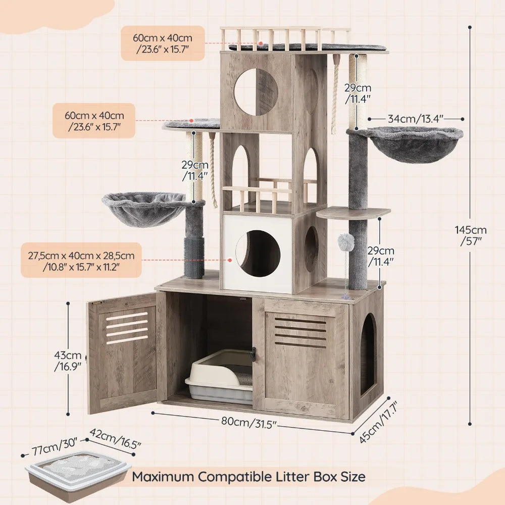 All-in-One Modern Cat Tower - 31.5" L x 17.7" W x 57" H Multi-Level Cat Furniture