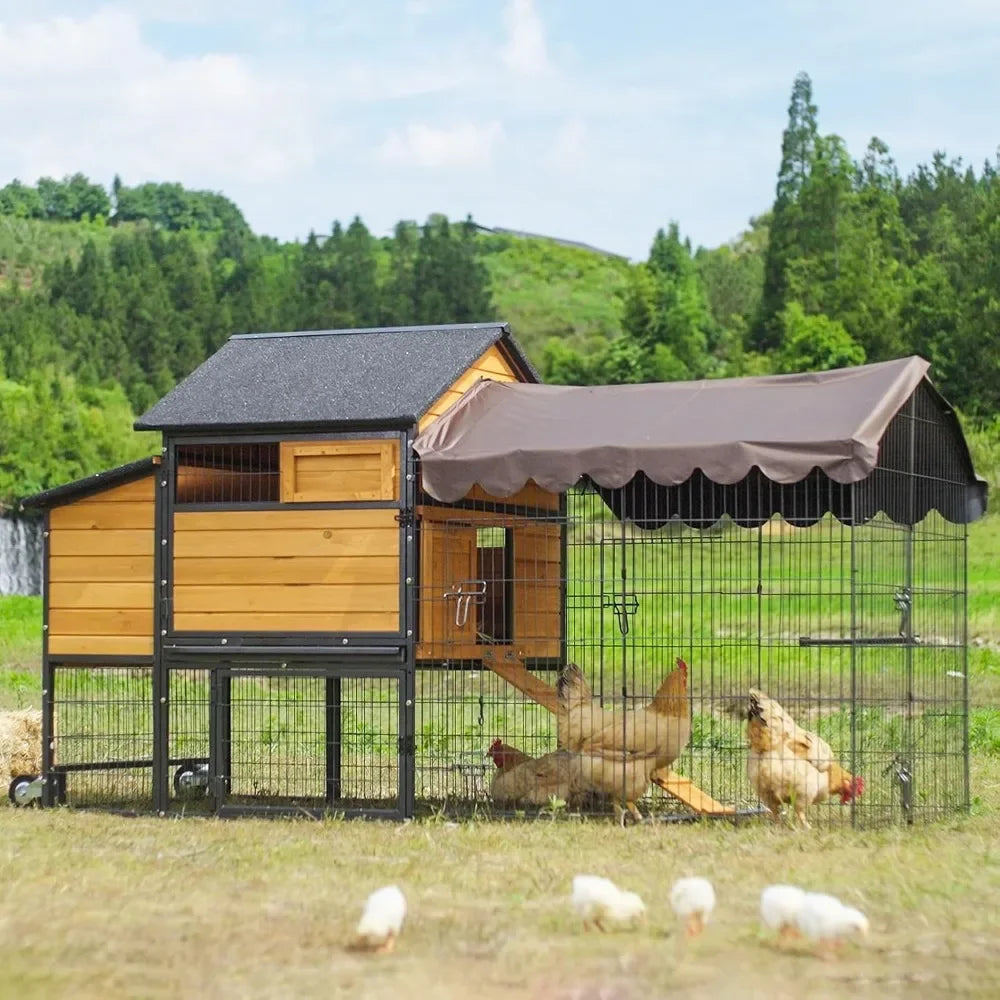 Large Chicken Coop with Metal Frame Mobile Hen House Poultry Cage with Wheels