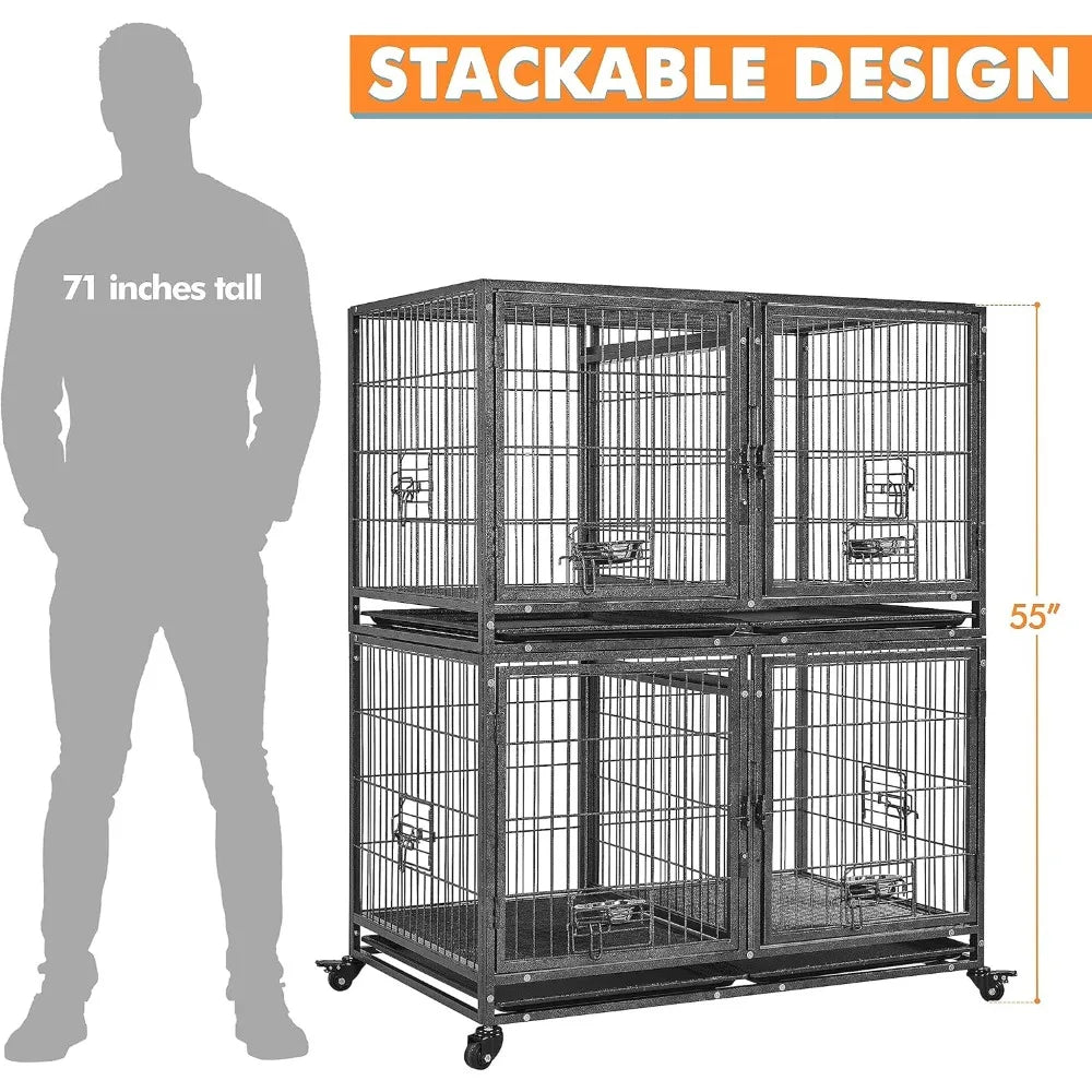 42'' Stackable Dog Crate w/Divider Heavy Duty Dog Cage with Open Top/2 Removable Trays Rolling Pet Cage