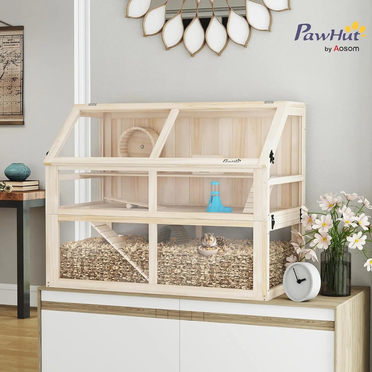 Wooden Hamster Cage, 3 Tier Small Animal Cage with Detachable 12.4" Deep Bottom, Hut, Seesaw, Exercise Wheel,, Customized