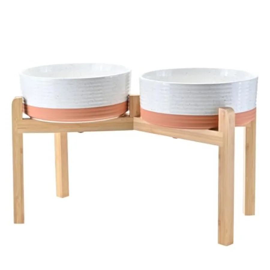 Elevated Dog Bowls Ceramic, 6.1'' Dogs and Cat Food Water Bowls Raised with Non-Slip Bamboo Stand for Medium Sized Breed Microw