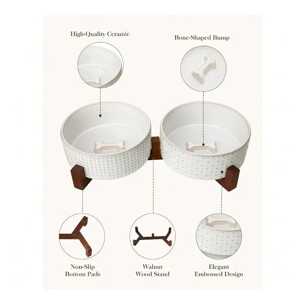 Dog Supplies Dogs Accessories Bowl Set With Walnut Wood Stand 6 Cups Ceramic Pet Bowls For Puppy Dogs Dual Food And Water Bowls