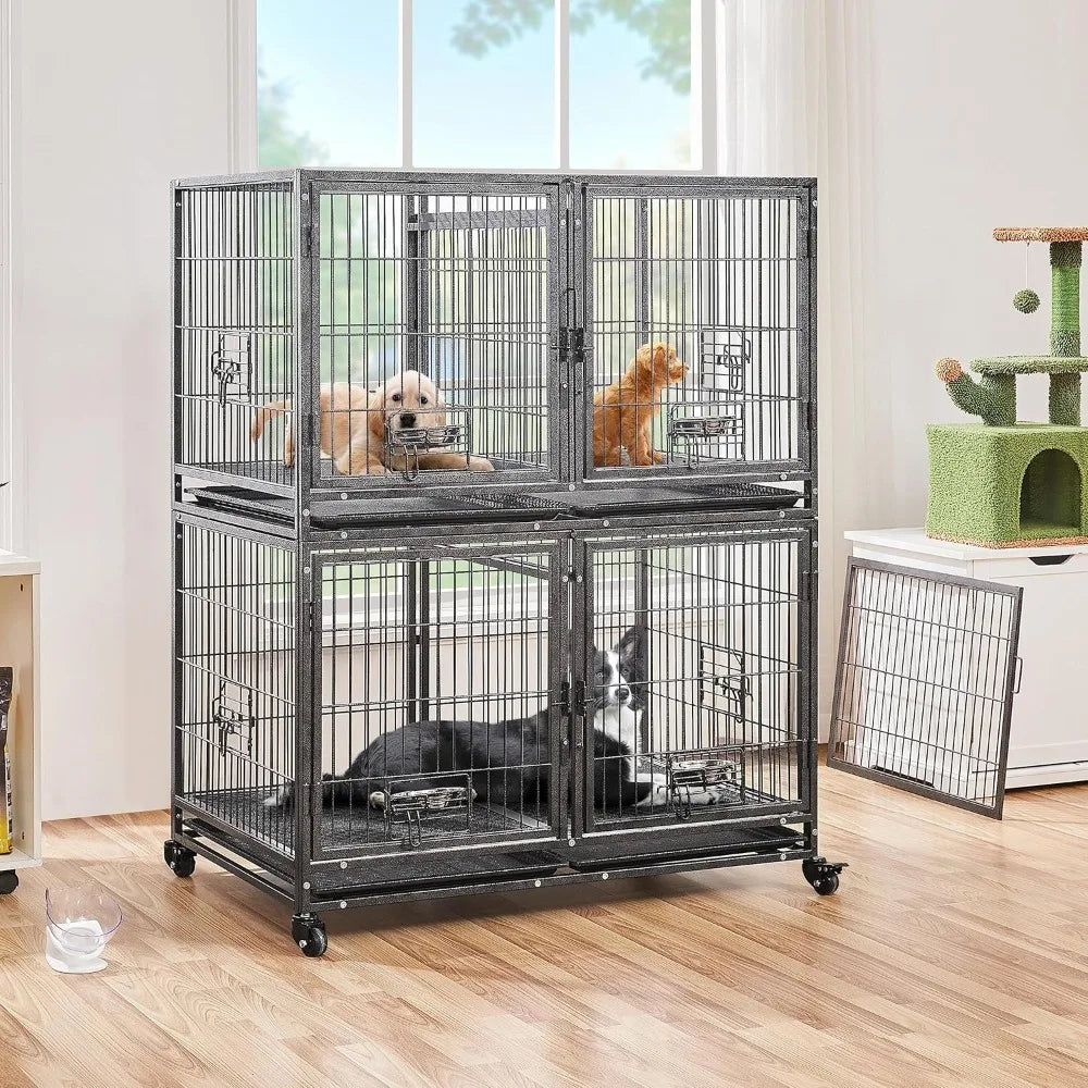 42'' Stackable Dog Crate w/Divider Heavy Duty Dog Cage with Open Top/2 Removable Trays Rolling Pet Cage