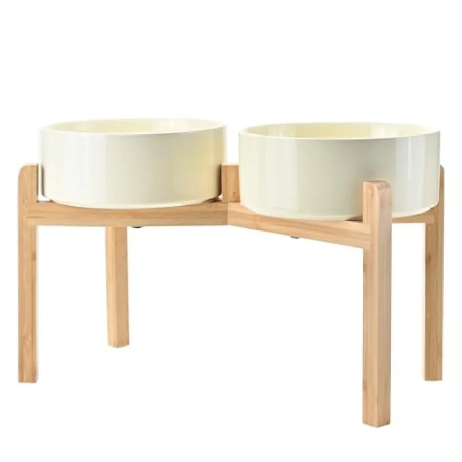Elevated Dog Bowls Ceramic, 6.1'' Dogs and Cat Food Water Bowls Raised with Non-Slip Bamboo Stand for Medium Sized Breed Microw