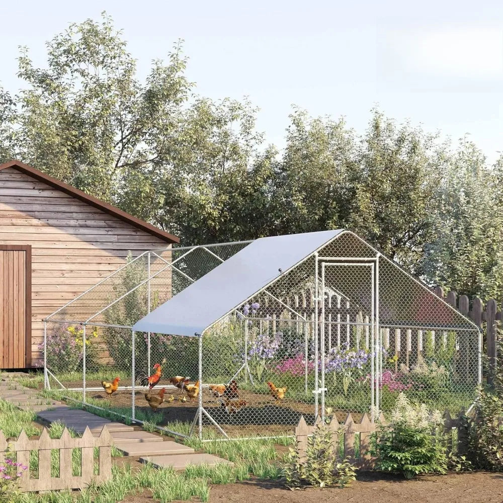 Chicken Coop Metal Chicken Run with Waterproof and Anti-UV Cover, Spire Shaped Walk in Fence Cage Hen House