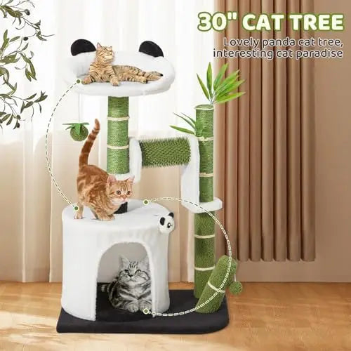 Panda Cat Tree, 30.7' Indoor Cat Tower with Self Groomer, Two-Layer Modern Cat Scratching Post Interactive Toy with Dangling