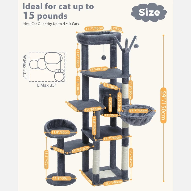 60.62 Inches Multi-Level Cat Tree Cat Tower for Indoor Cats with Sisal-Covered Scratching Post, Cozy Cat Condo, Padded Top Perch