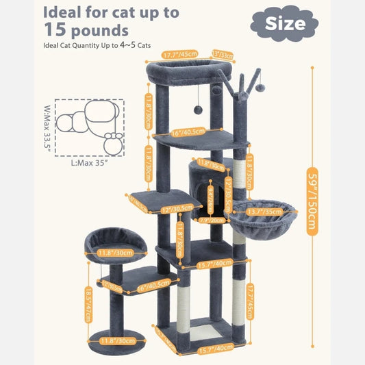 60.62 Inches Multi-Level Cat Tree Cat Tower for Indoor Cats with Sisal-Covered Scratching Post, Cozy Cat Condo, Padded Top Perch