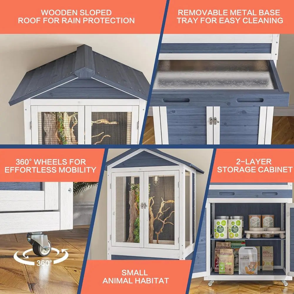 Large Wooden Reptile Enclosure for Bearded Dragons, Geckos, Lizards, and Chameleons with Storage, Ventilation, and Wheels