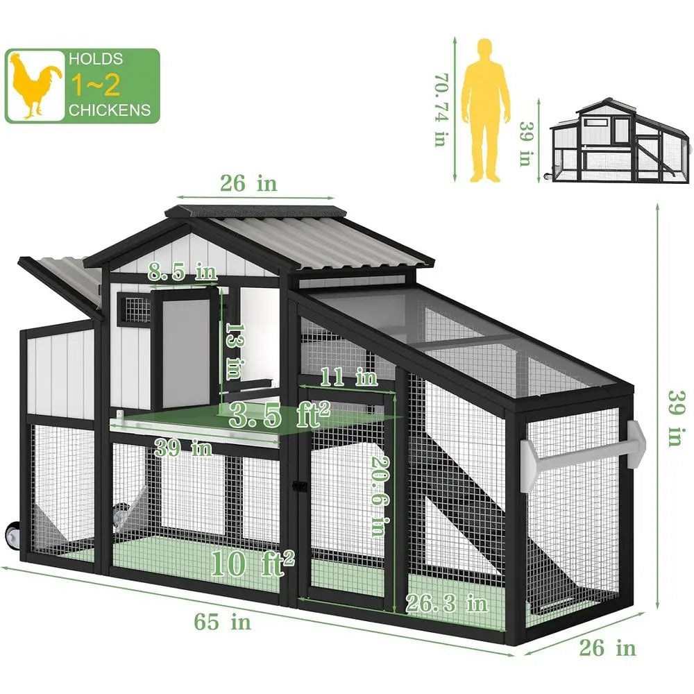 Chicken Coop and Run with Wheels, Portable Two SRabbit Hutch Indoor Outdoor, Wooden Hen House with Nesting Box, p & Deep No Leak
