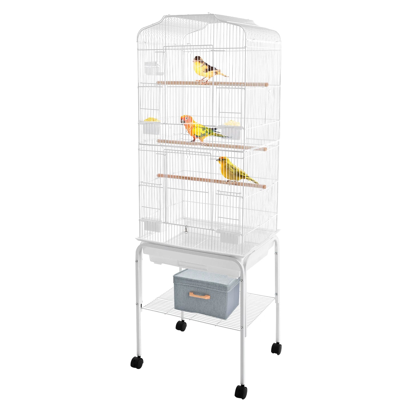 Large White Bird Cage with Wheels - 4 Casters (2 Brakes) Rectangular Parrot Breeding Cage Freestanding Iron Electrostatic Sprayi