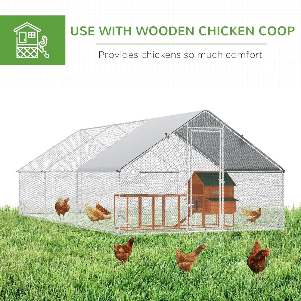 Chicken Coop Metal Chicken Run with Waterproof and Anti-UV Cover, Spire Shaped Walk in Fence Cage Hen House