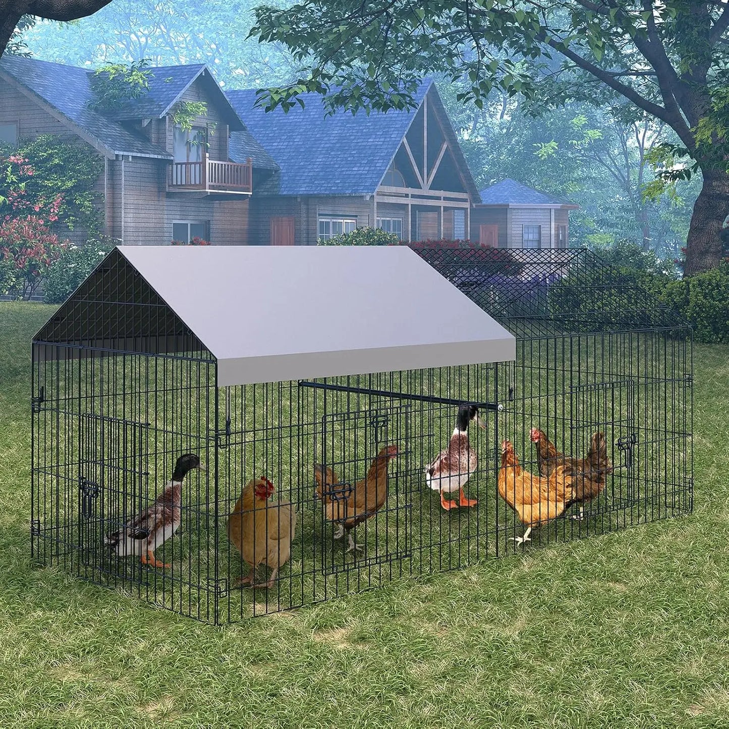Large Metal Chicken Coop with Run, Outdoor Poultry Cage for Backyard, Waterproof Cover Chicken House for Hens Ducks Rabbits