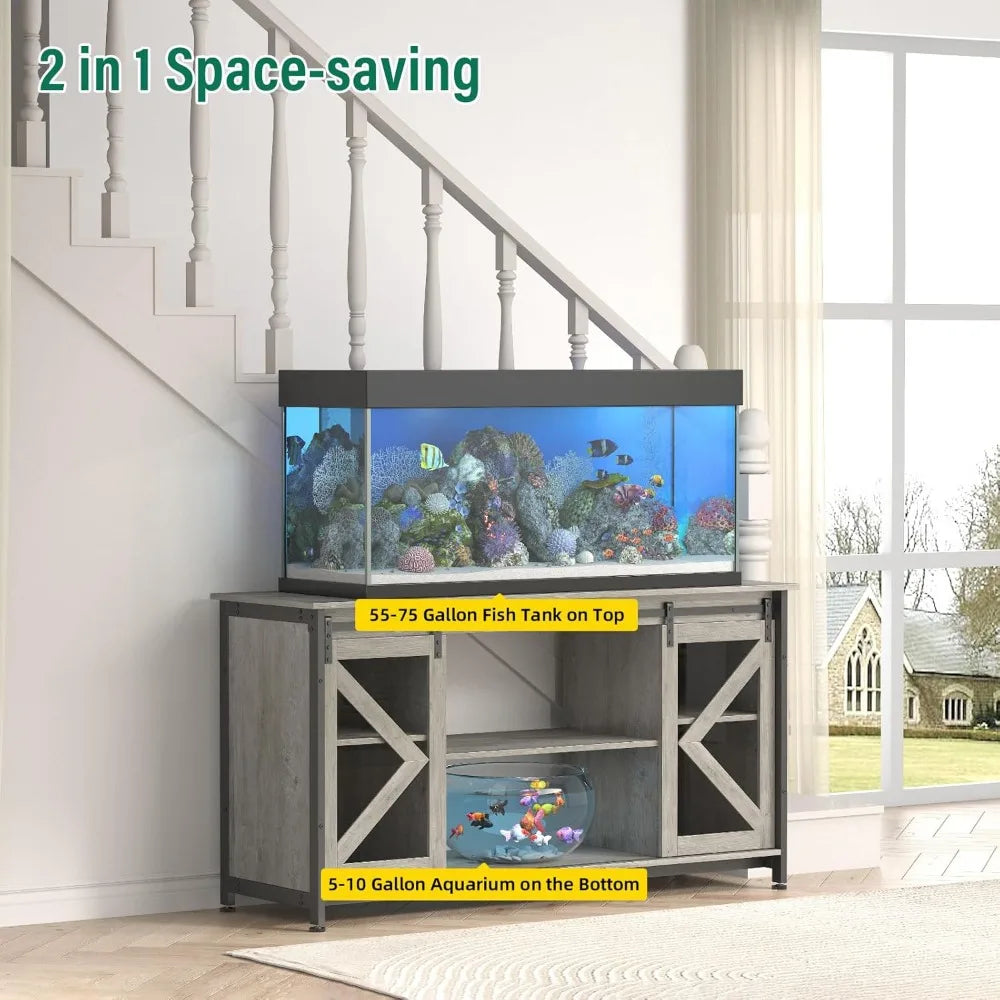 55-75 Gallon Fish Tank Stand, Aquarium Stand with Sliding Barn Door & Cabinet for Fish's Tank Accessories Storage, Heavy Duty