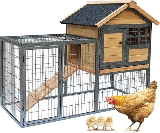 chicken coop and run, two story rabbit hutch indoor outdoor, waterproof metal frame hen house with nesting box rabbit cage, deep