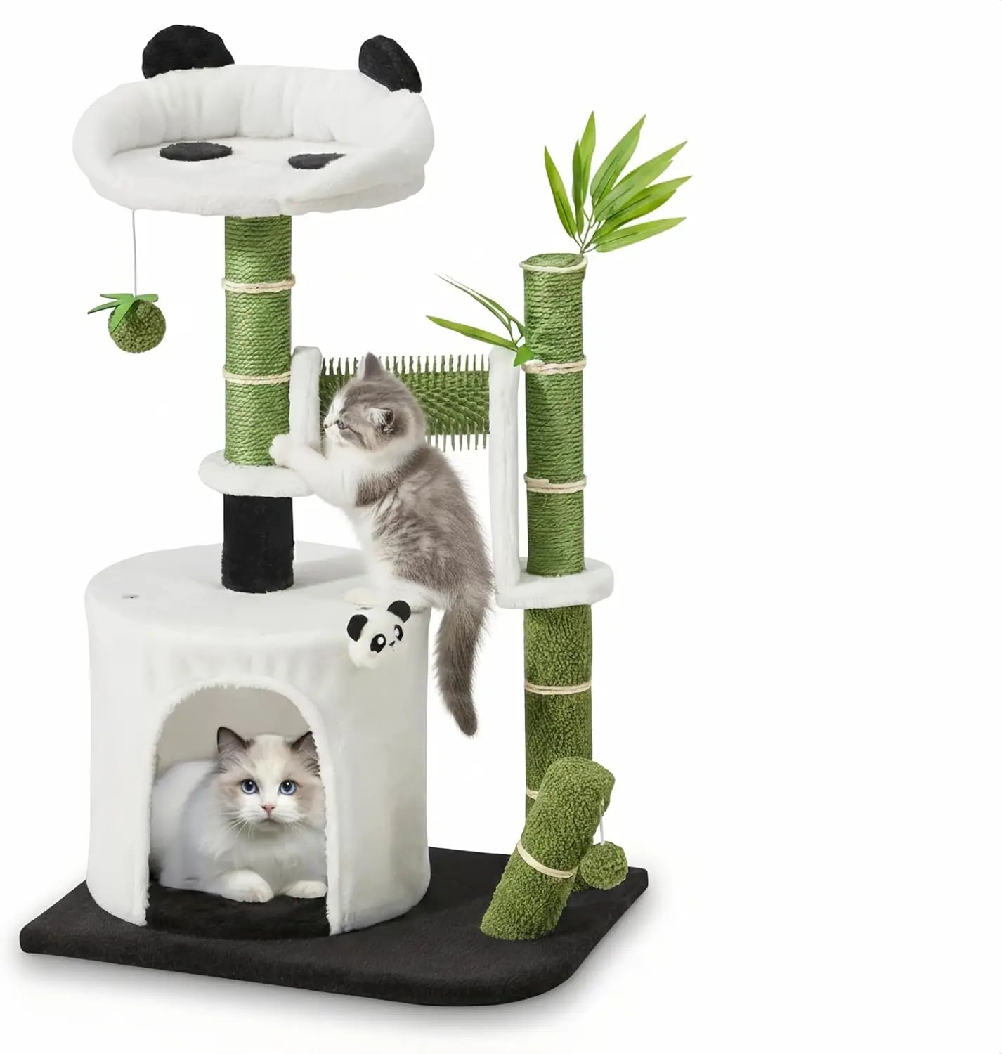 Panda Cat Tree, 30.7' Indoor Cat Tower with Self Groomer, Two-Layer Modern Cat Scratching Post Interactive Toy with Dangling